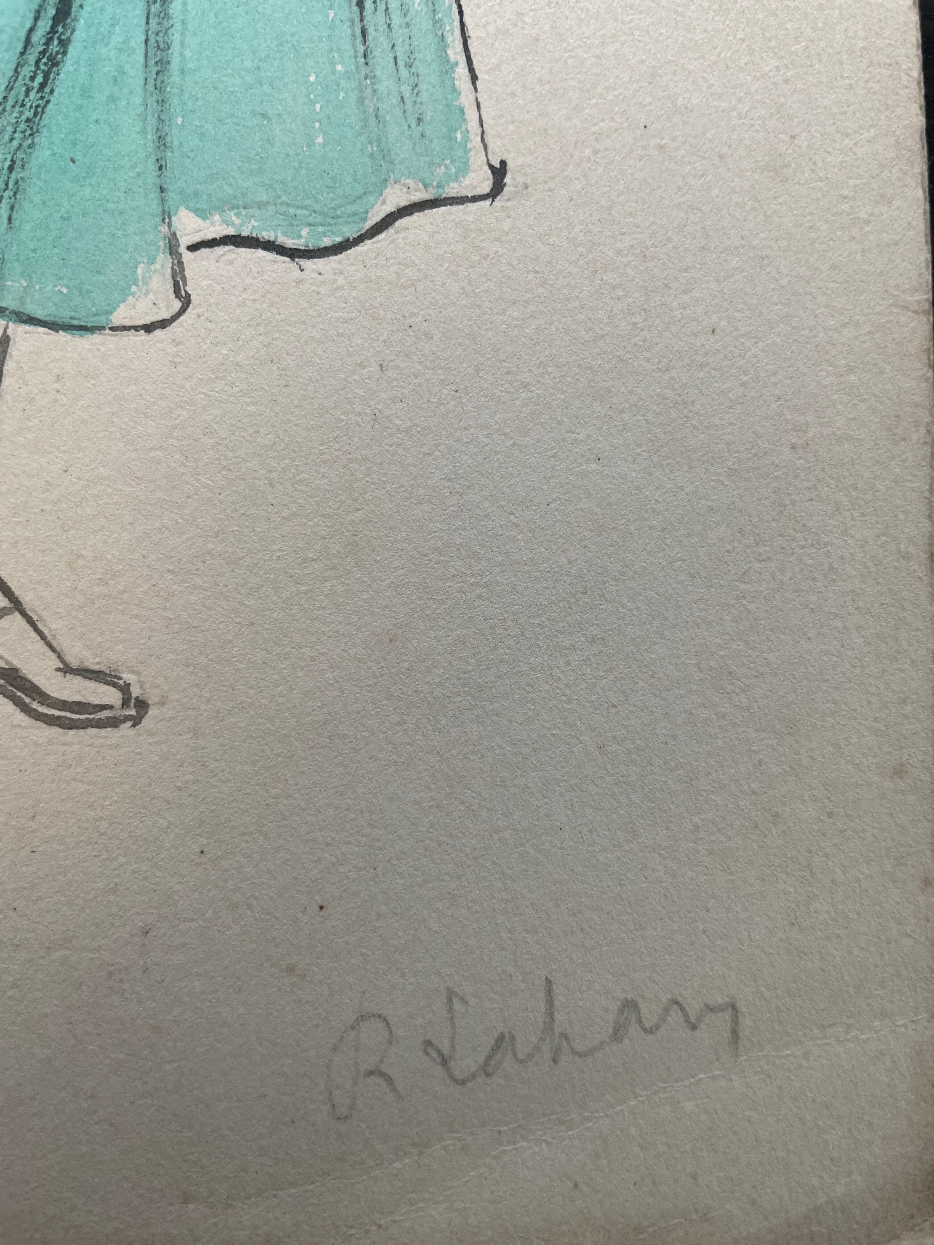 Painting painting fashion drawing women with blue coat years 30-50