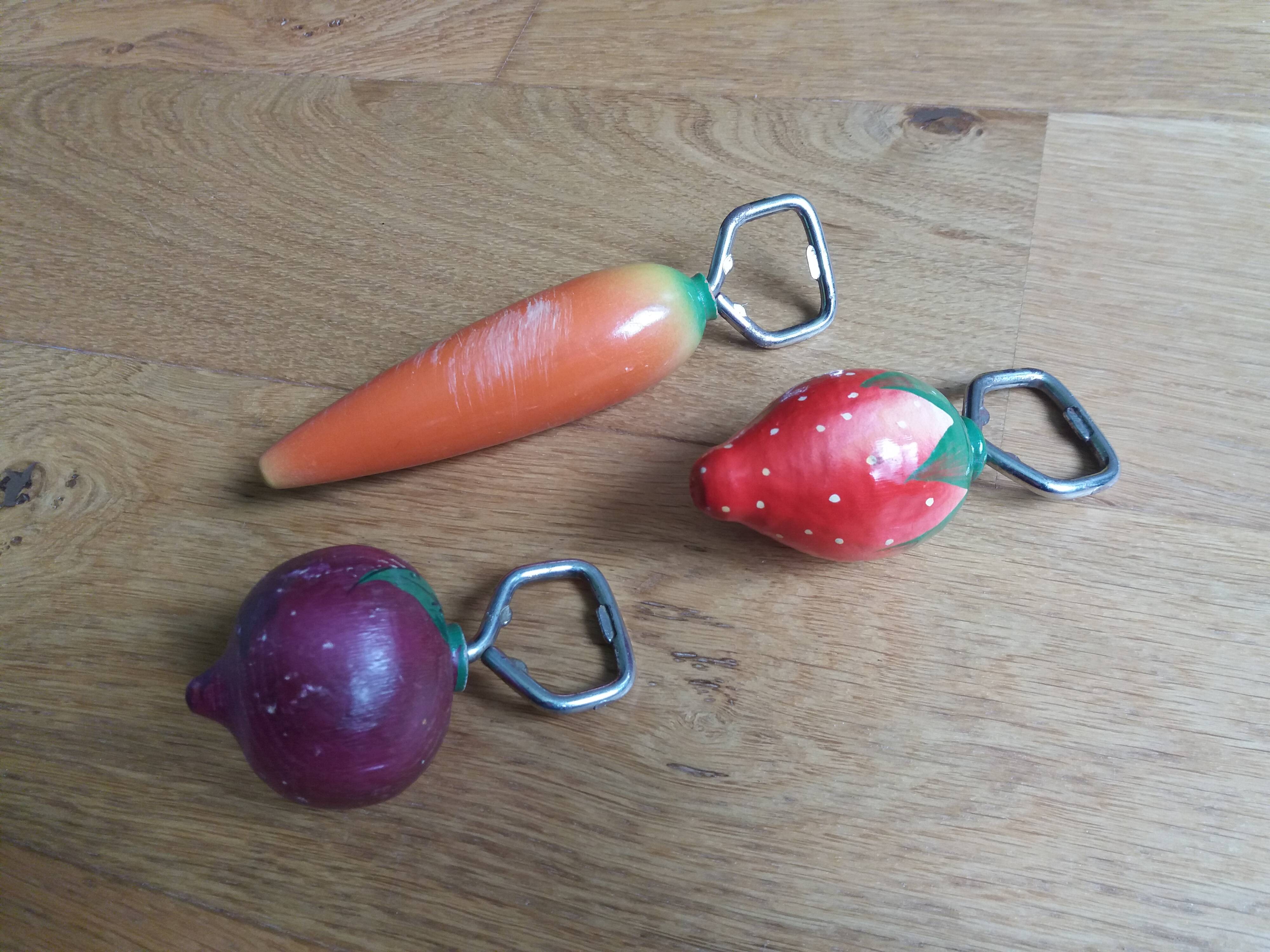 Strawberry, radish and carrot bottle openers