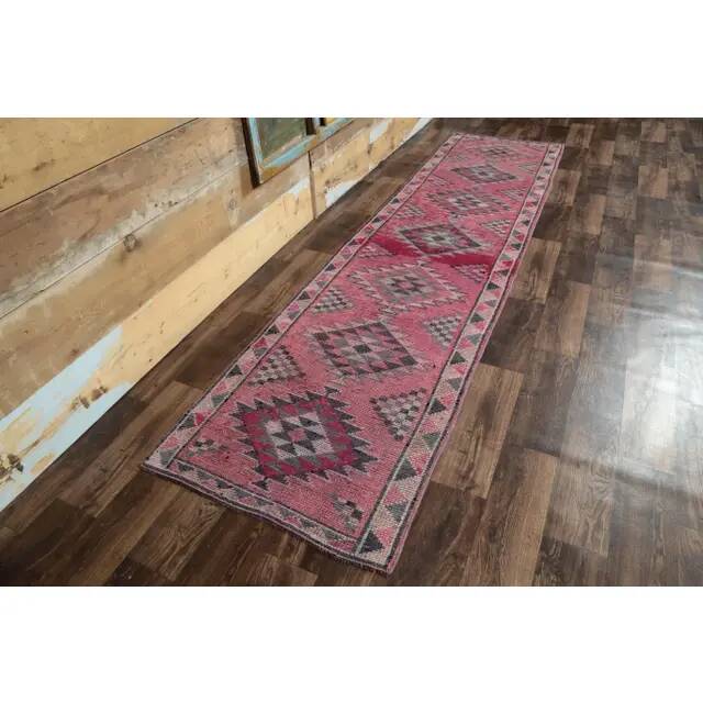 Vintage neutral pink Turkish hand-knotted runner 83x332