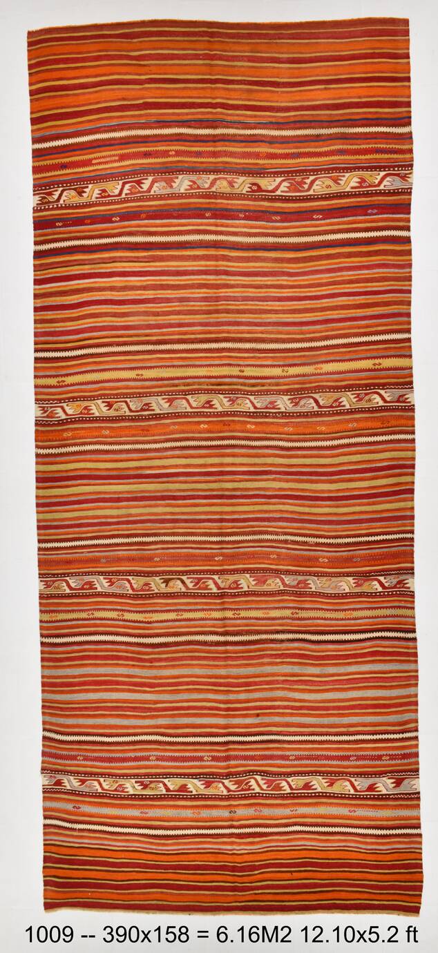 Pumpkin Orange Striped Turkish Woven Kilim Rug, 158x390 Cm