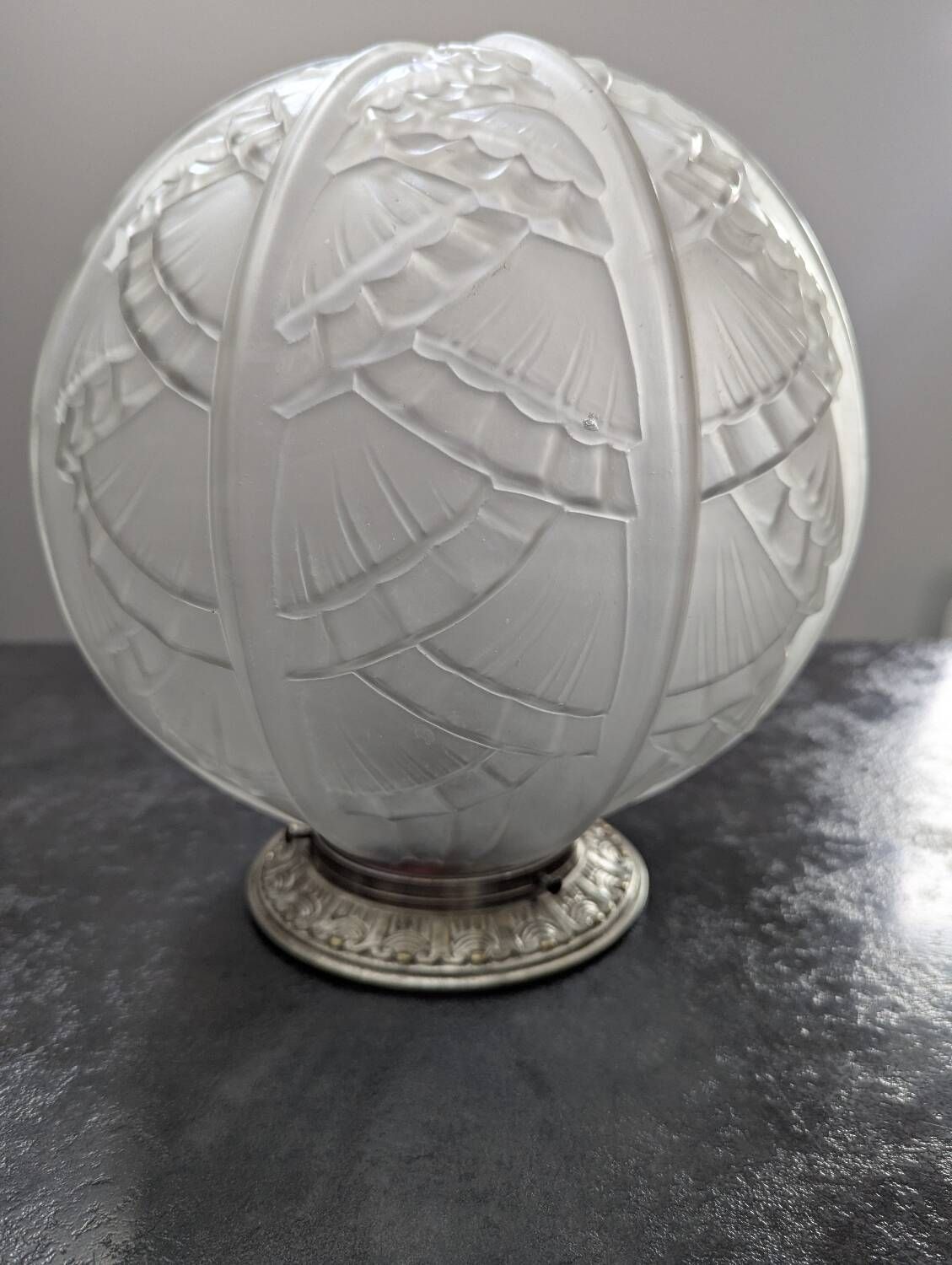 Antique large globe ceiling light, pressed glass, by Hettier & Vincent