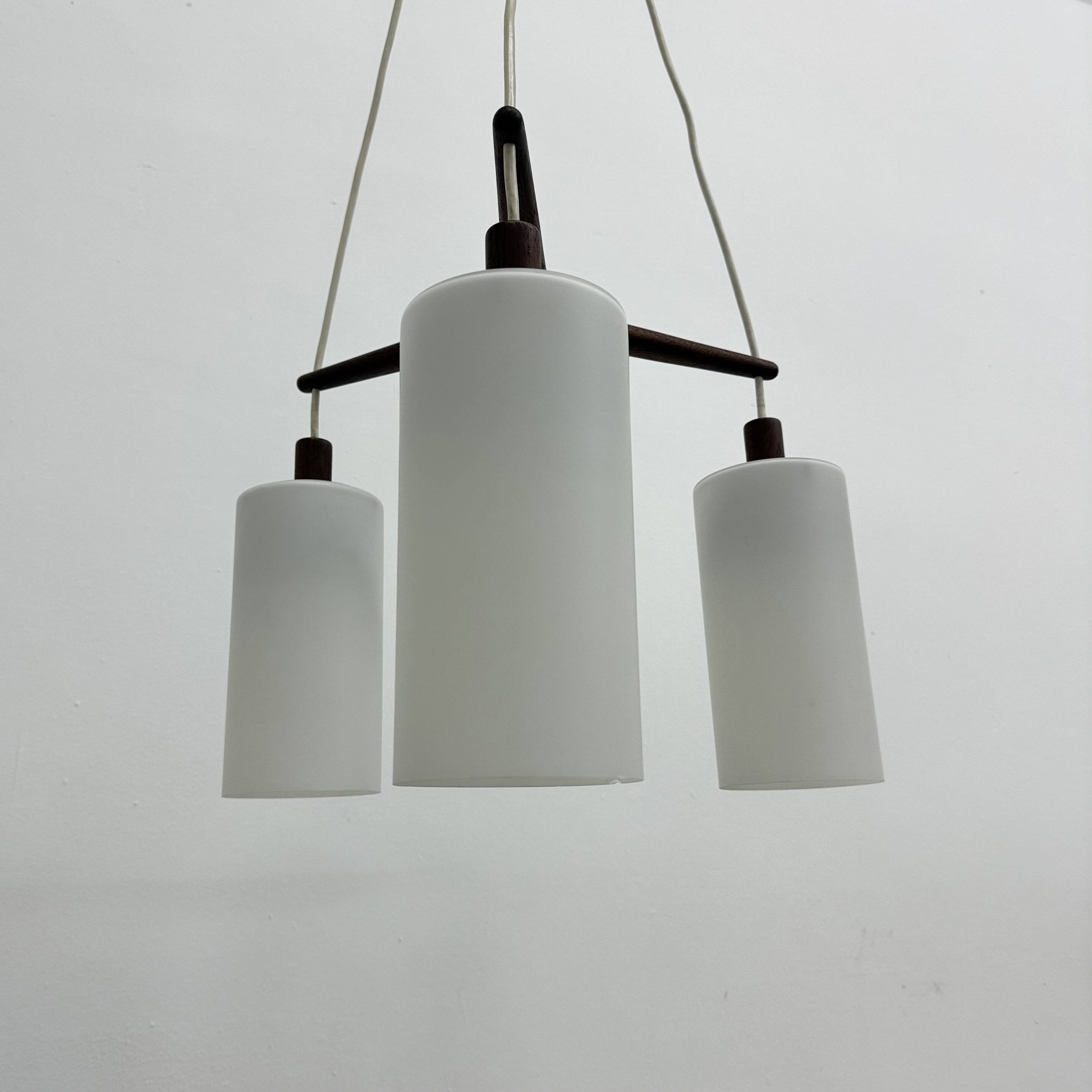 Mid-century design pendant lamp teak and opaline glass, 1970s
