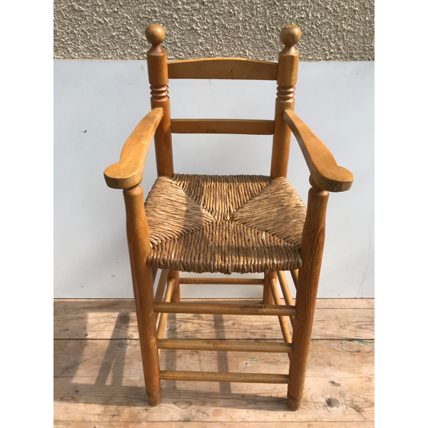 Chaise haute ancienne enfant années 50 en bois & paille vintage  Selency