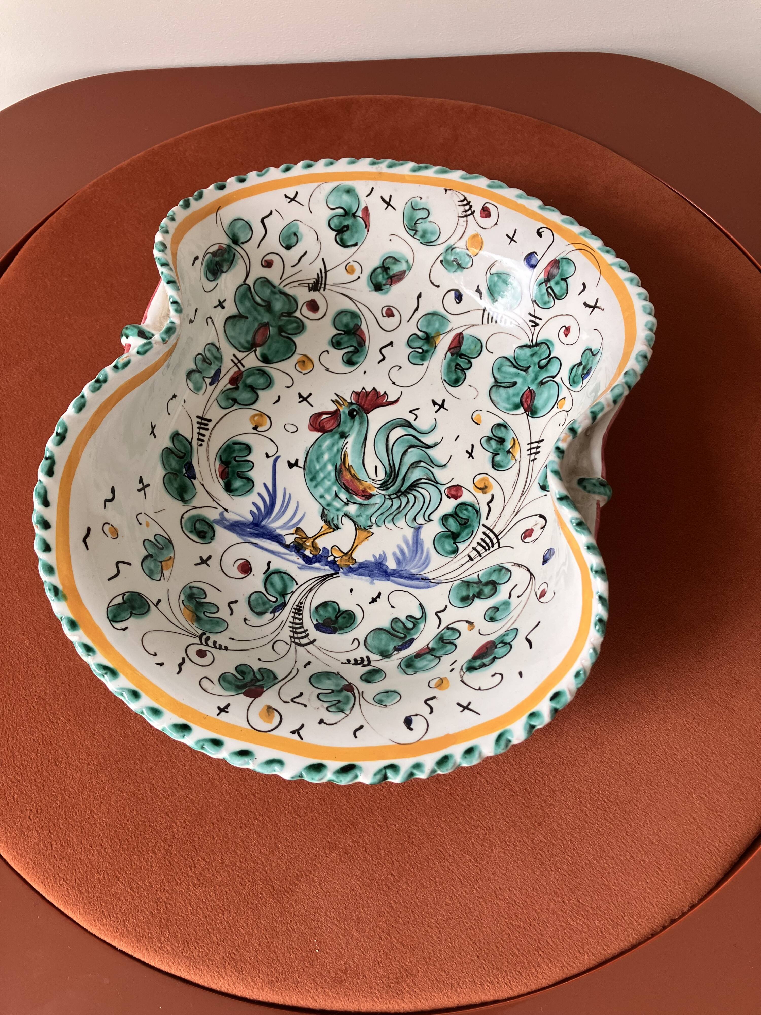 Dish, antique Italian Orvieto Deruta fruit bowl with rooster decoration