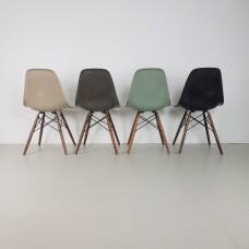 Eames Herman Miller DSW side chairs in light greige / elephant grey / seafoam green / black