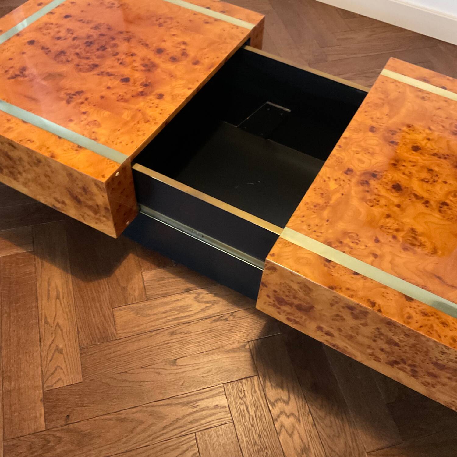 Jean-Claude Mahey coffee table in vintage 70s burr walnut