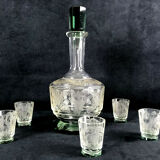 Carafe and batch of 5 engraved crystal glasses