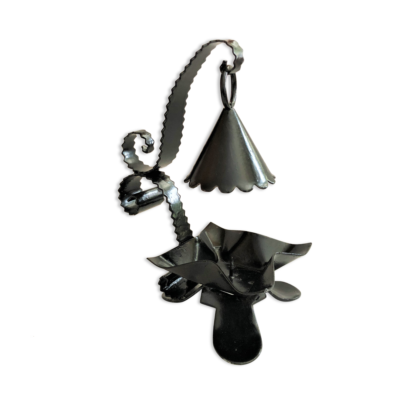 Handcrafted black wrought iron candle holder with its vintage extinguisher