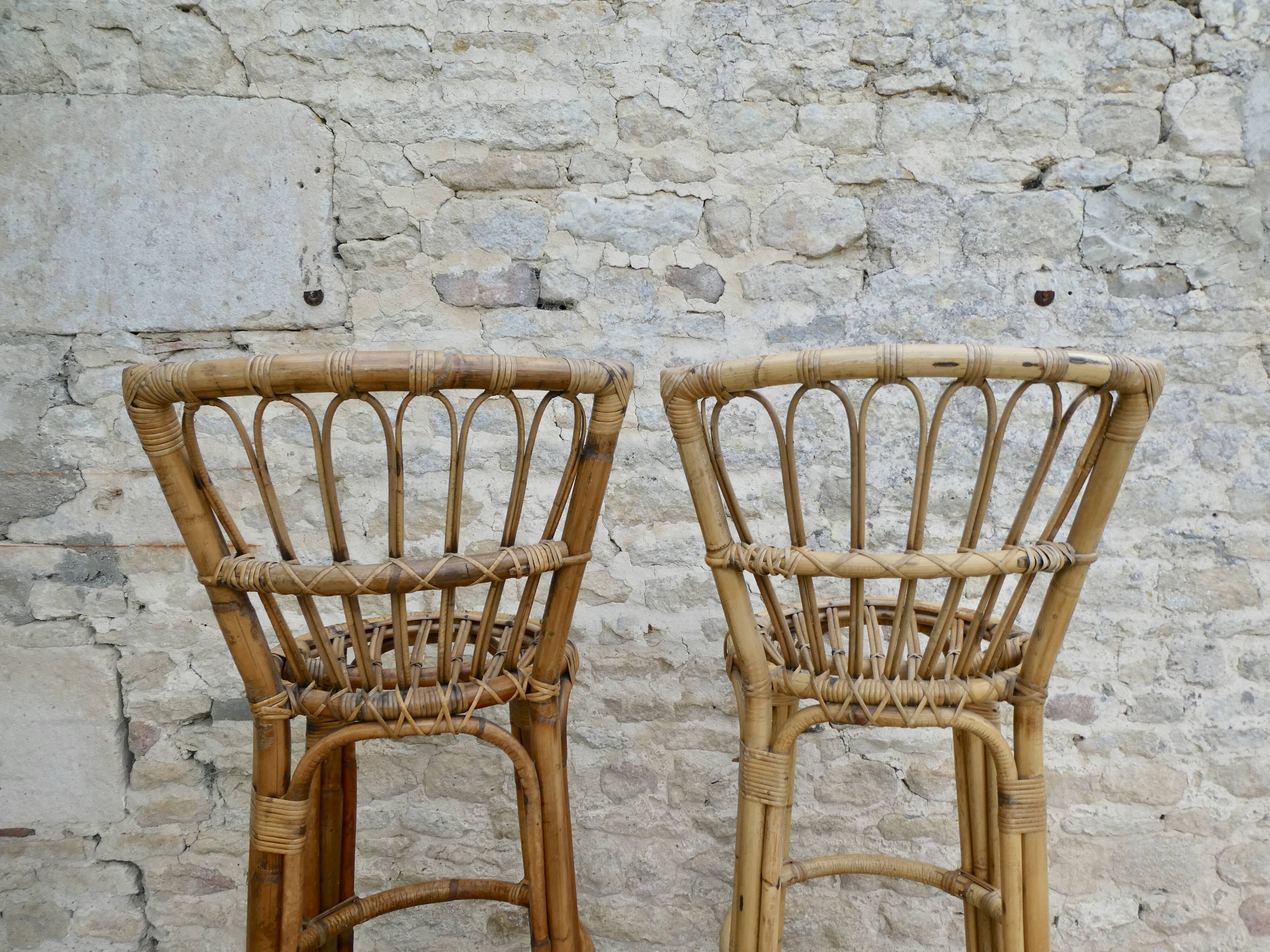 Pair of high stools, bar, rattan with back