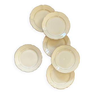 Set of 6 cream and gold colored flat plates Digoin Sarreguemines vintage ACC-7156