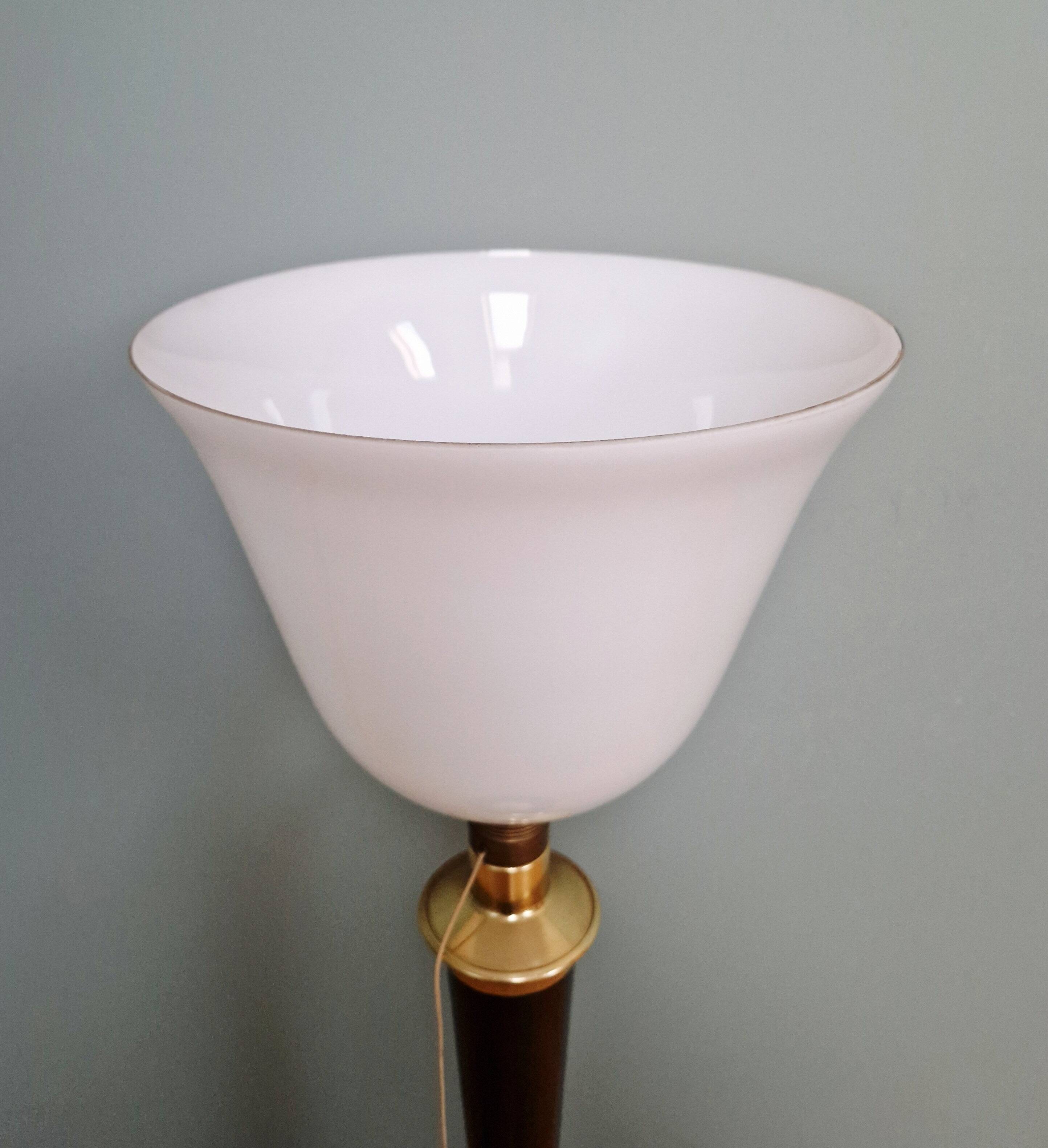 Large Art Deco Mazda lamp in wood, brass, and white opaline, 1930.