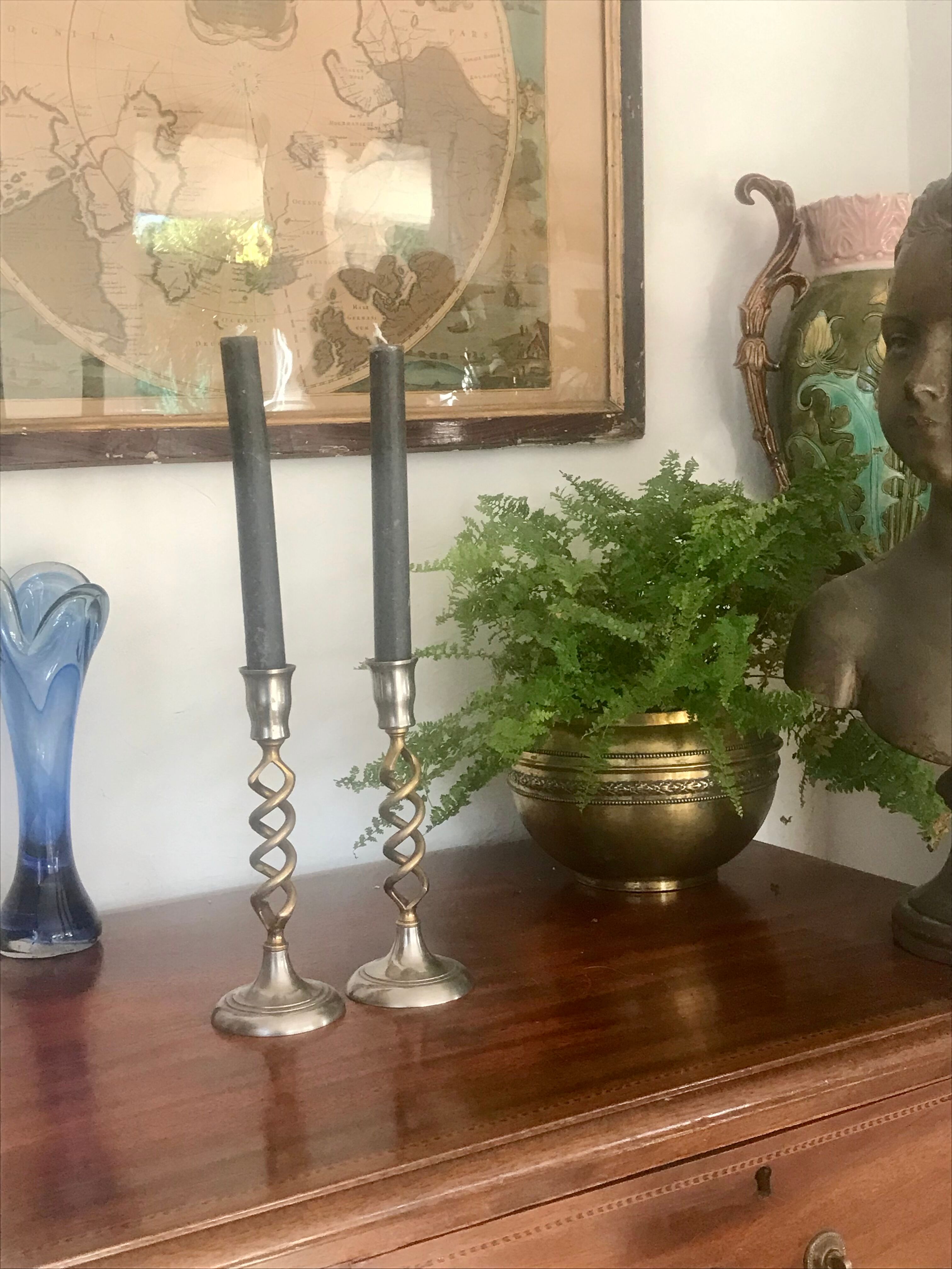 Pair of twisted brass candle holders