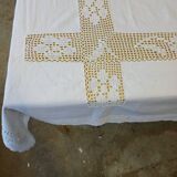 Old fabric and crochet tablecloth