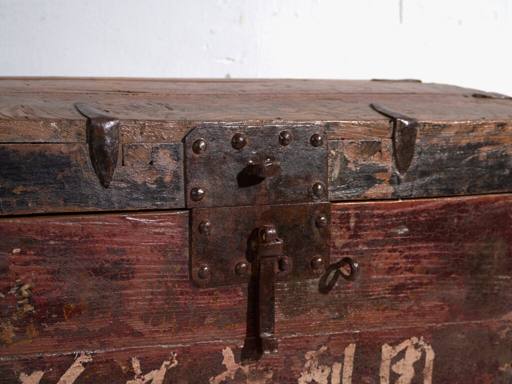 Antique iron-reinforced pine wood chest – China, circa 1900