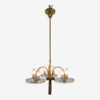 Art Deco Brass Wood and Glass Chandelier, 1940s