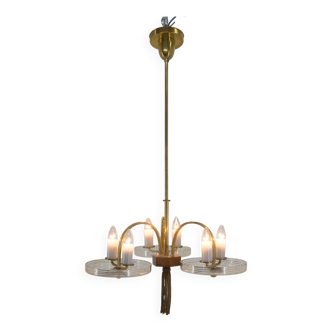 Art Deco Brass Wood and Glass Chandelier, 1940s