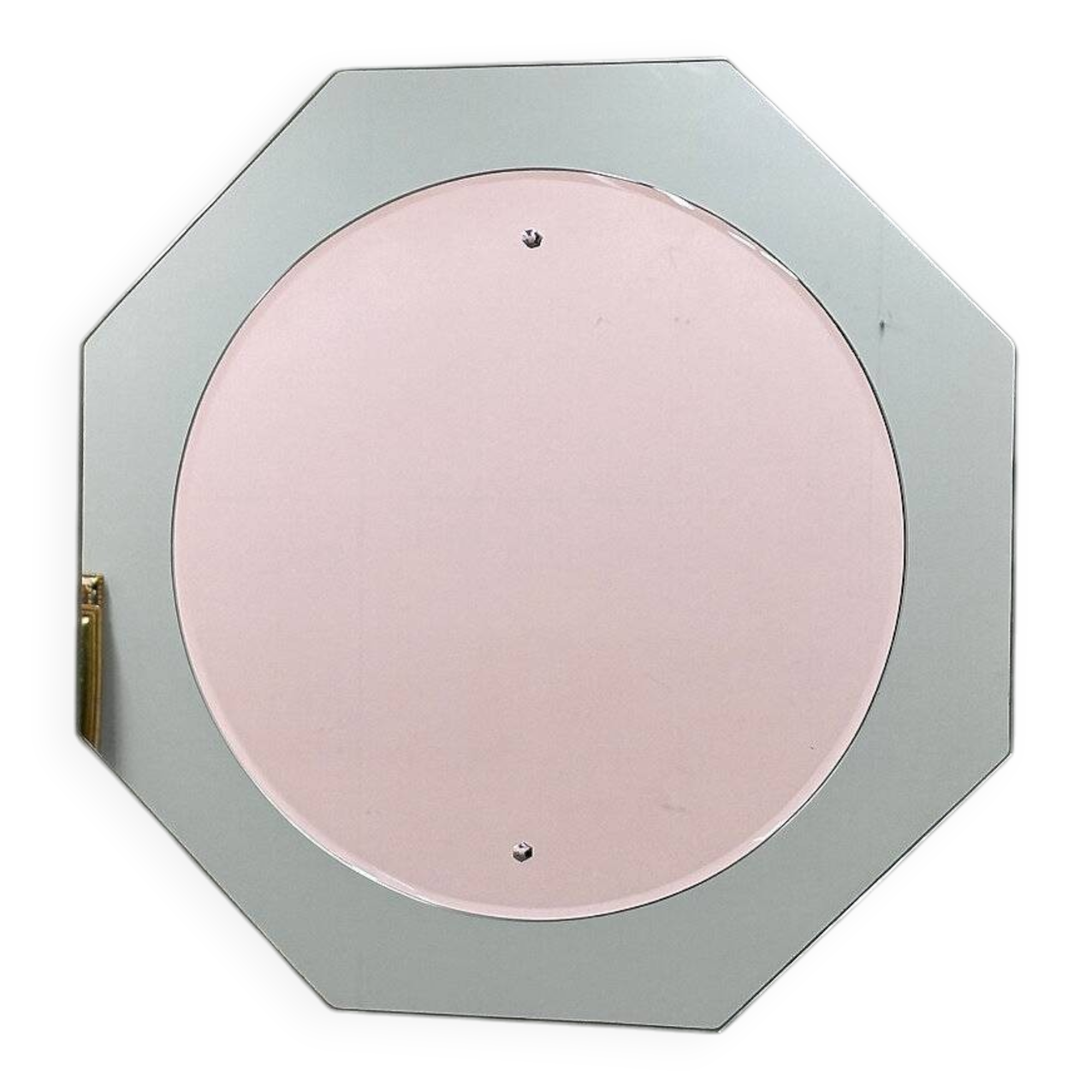 Miroir en verre aqua octogonal italien, miroir central rose doux, années 1970.