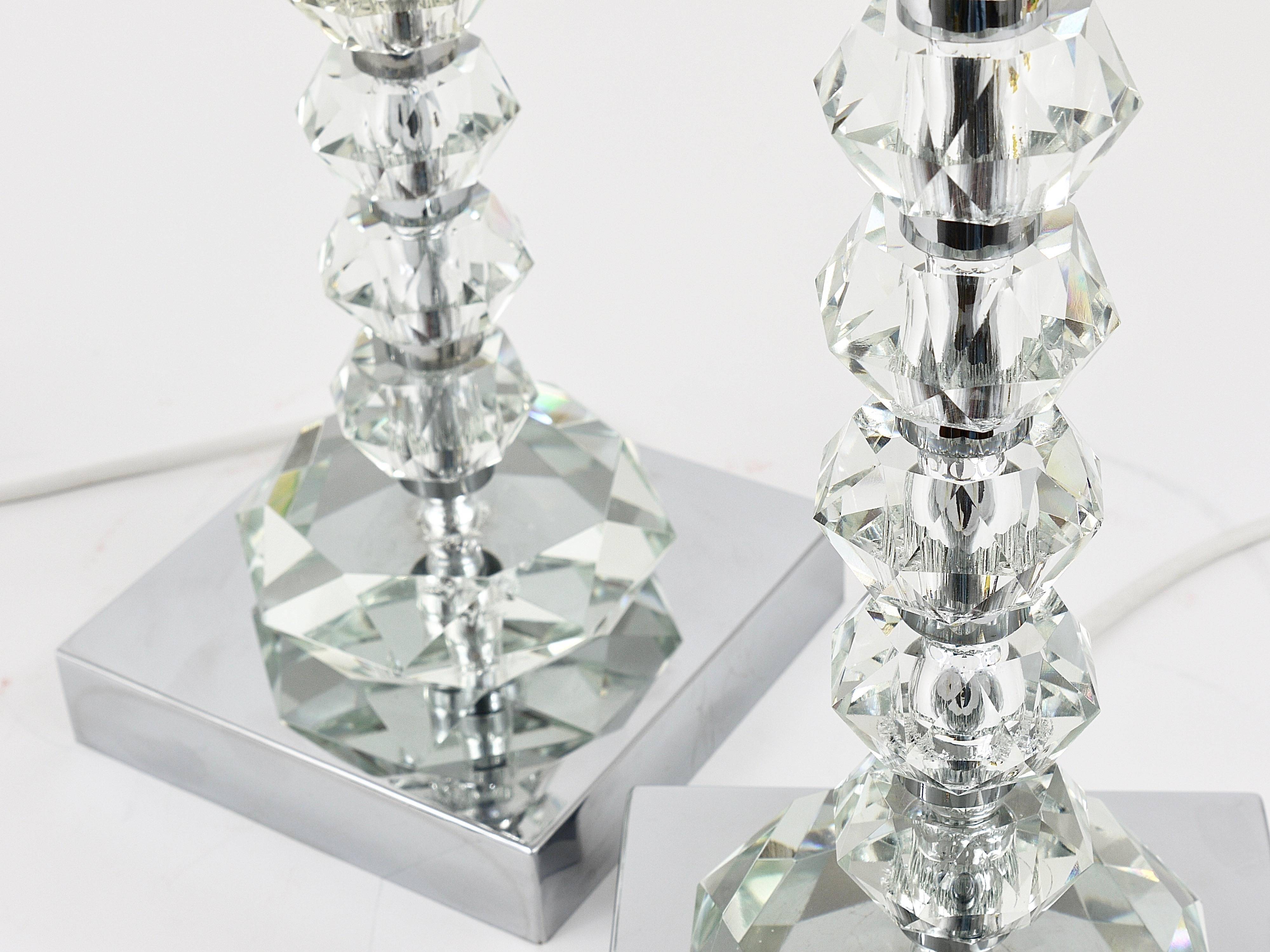 Two Bakalowits table lamps with huge faceted diamond crystals, Austria, 1970s.