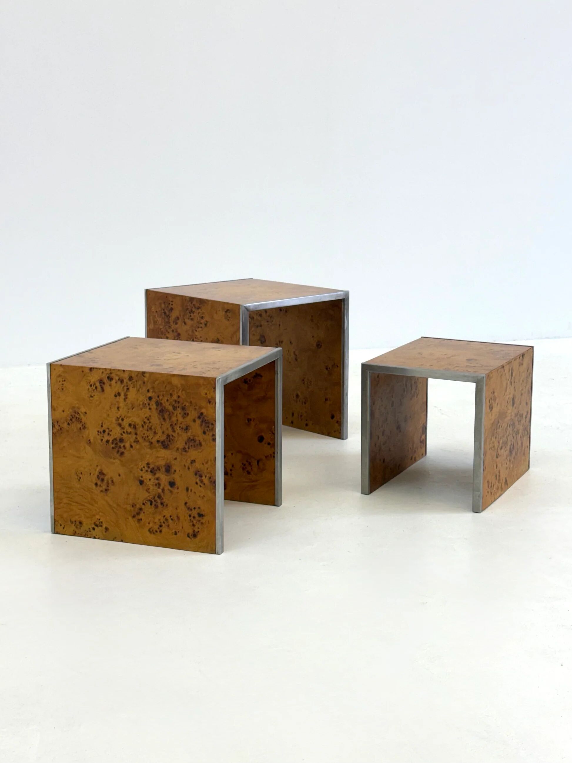 Set of three Tommaso Barbi mid-century modern burl wood nesting tables