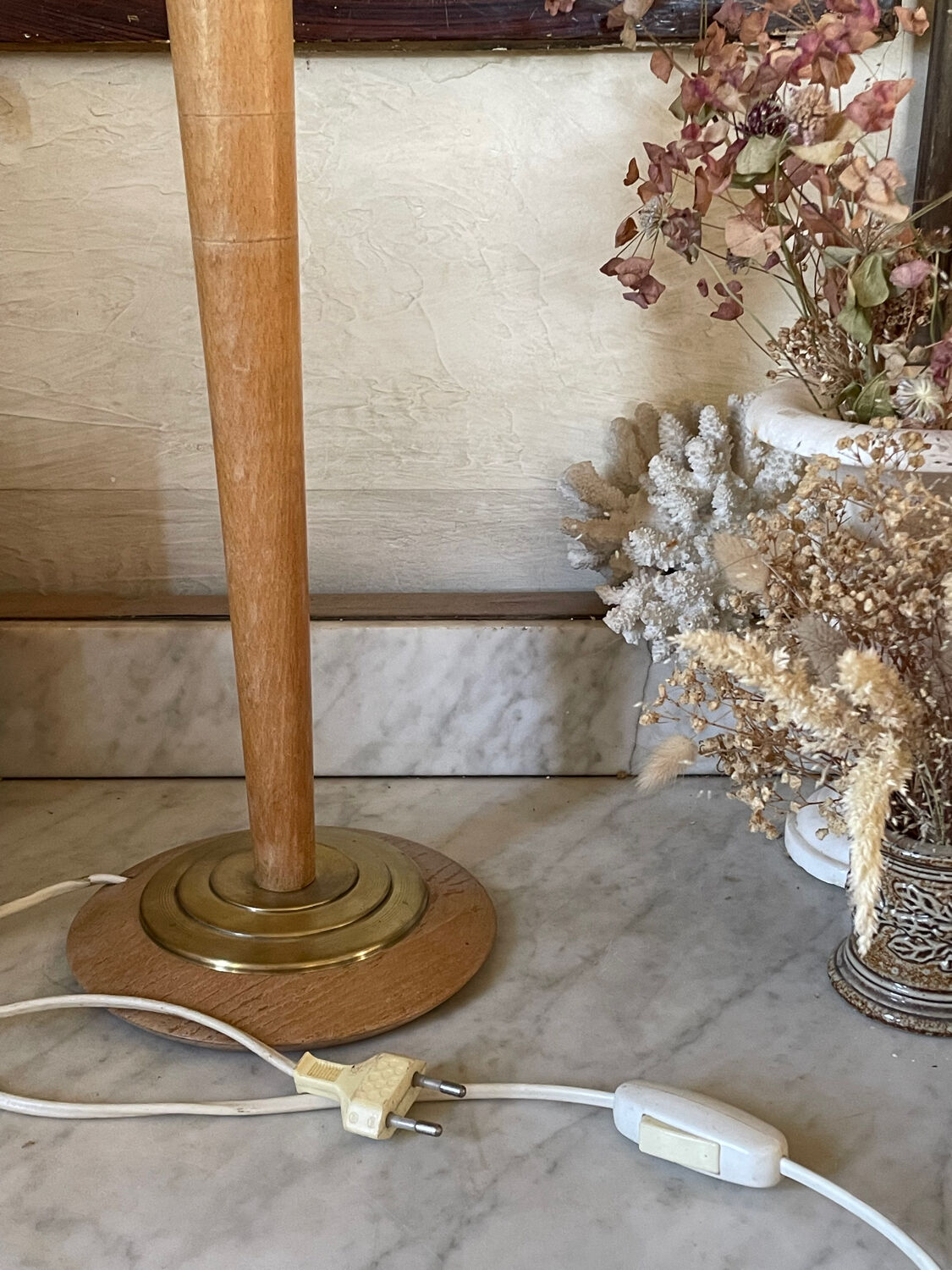 Pied de lampe hêtre et laiton style Mazda