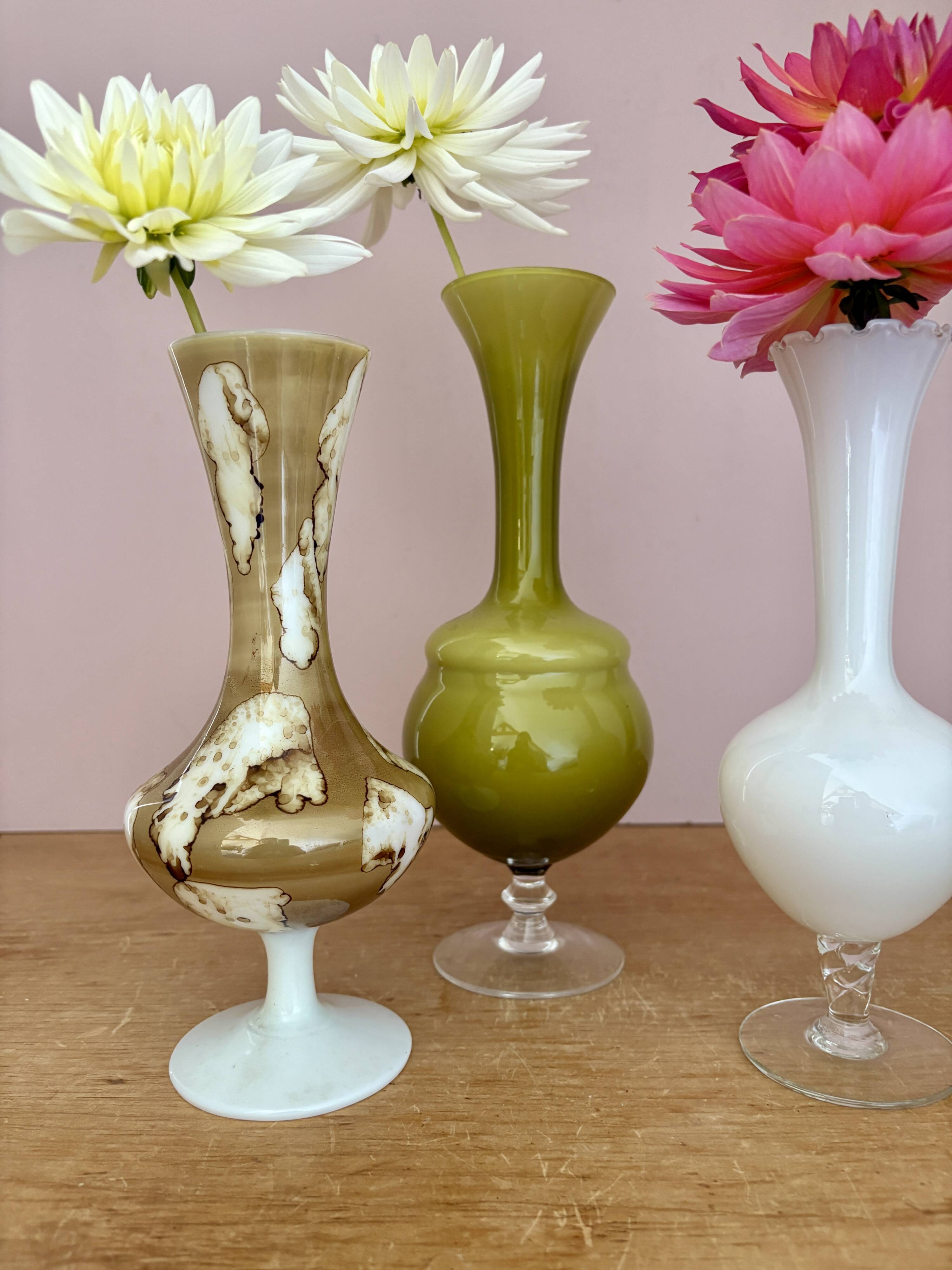 Set of 3 vintage glass and opaline vases