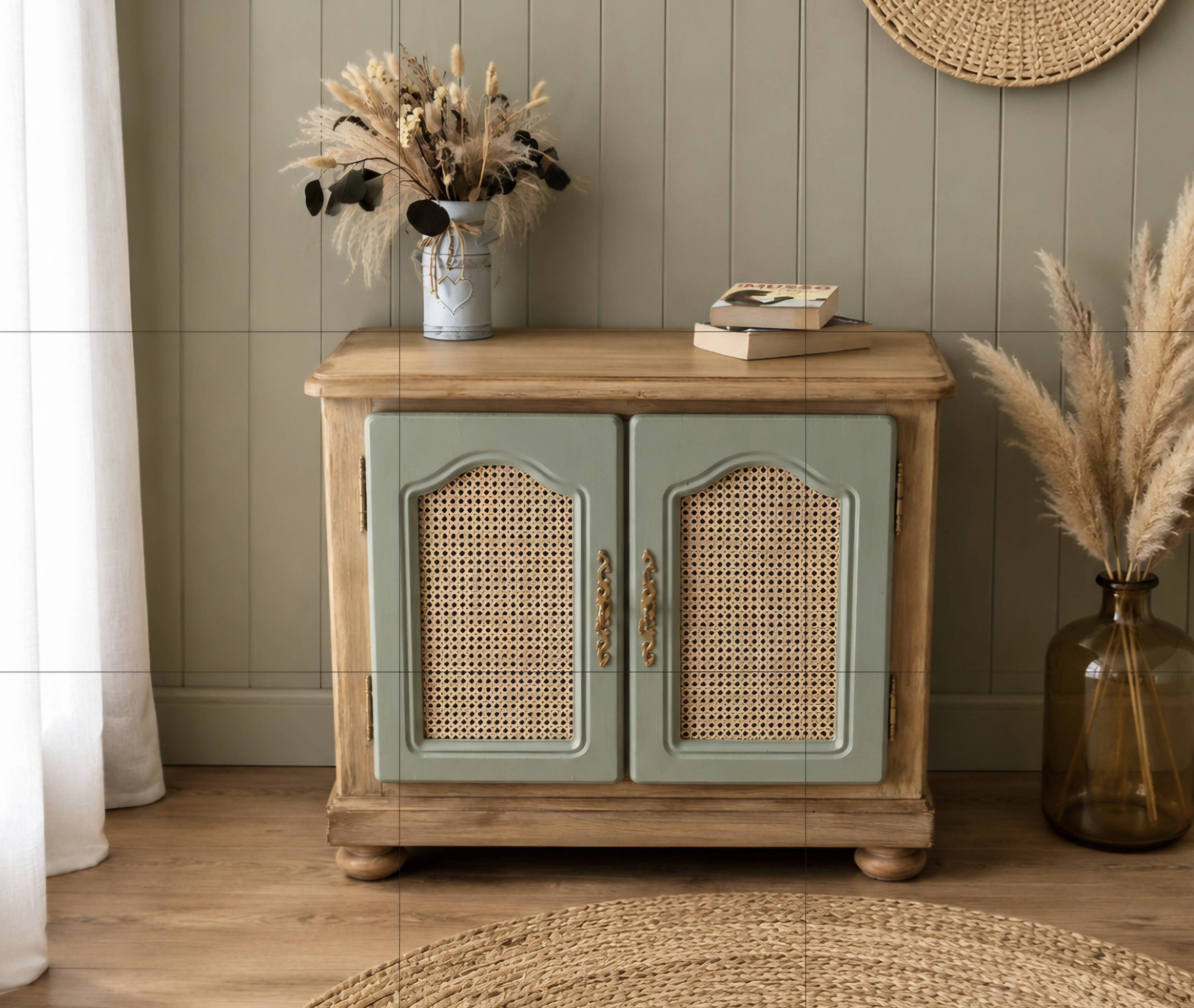 Renovated vintage sideboard in caning and sage green.