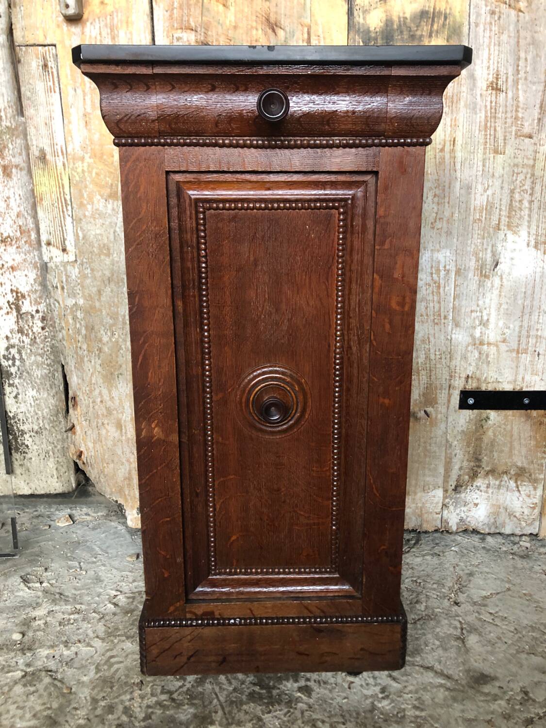 Bedside night table 19th century wood row of beads + black marble top #a637