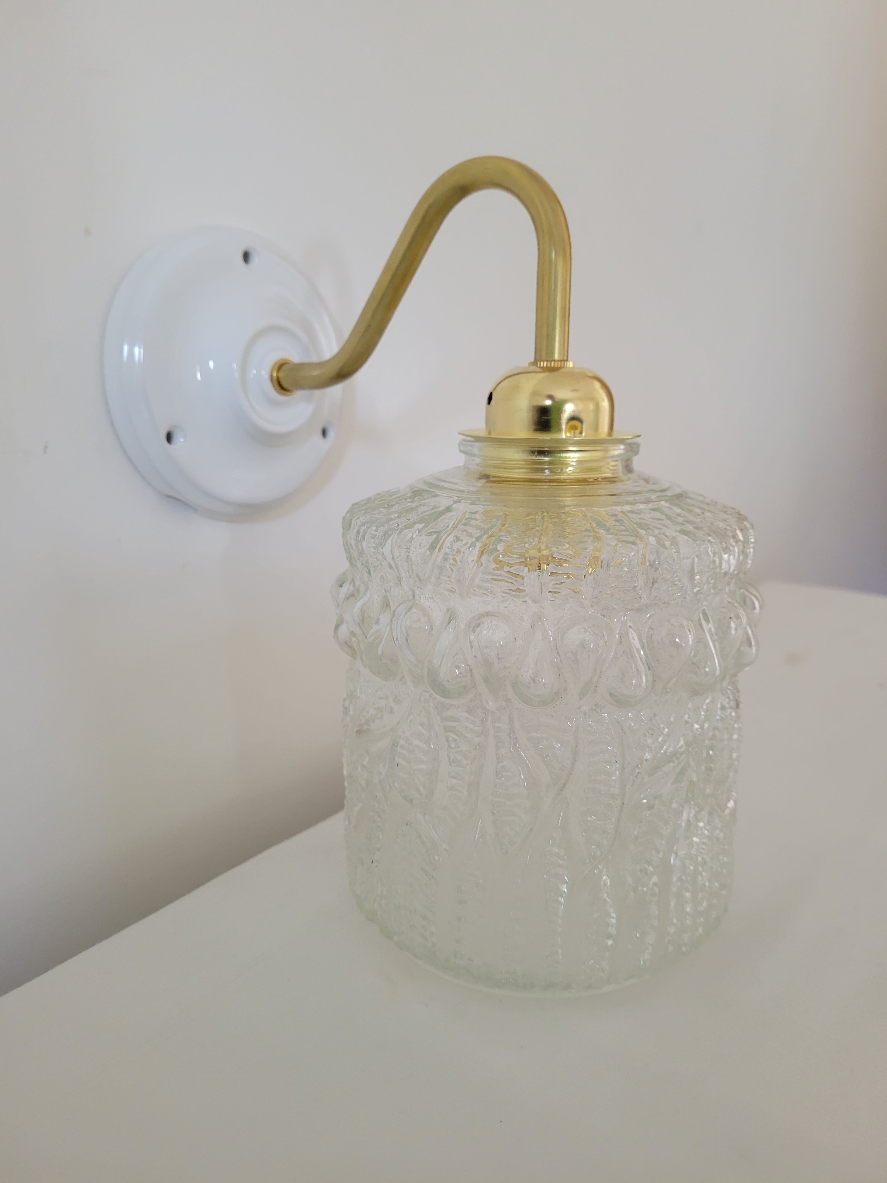 Porcelain, brass and glass wall lamp