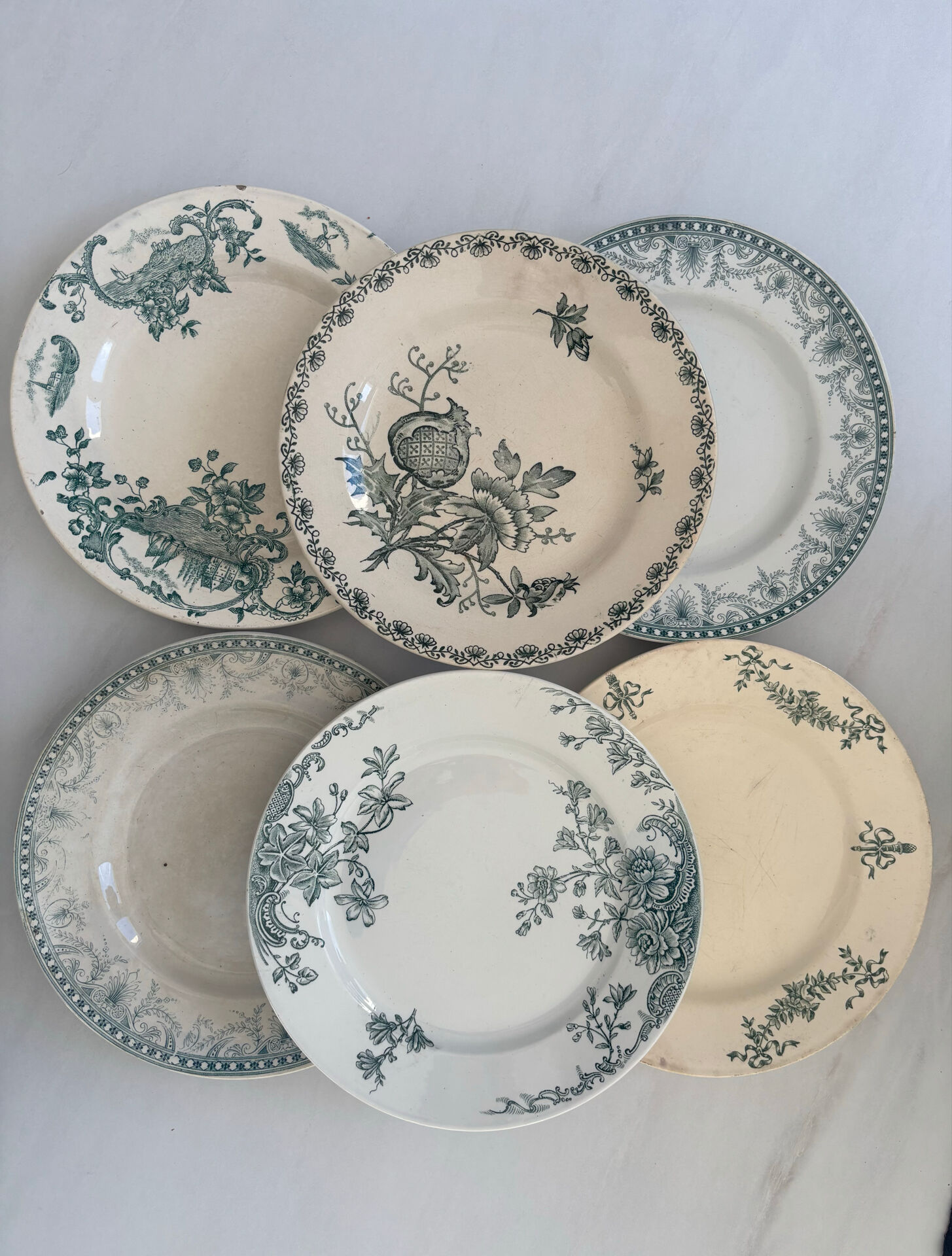 Lot of 6 green ironstone plates, antique French faience.