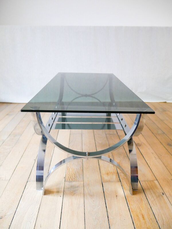 table basse rectangulaire en verre fumé et chrome double plateaux Design 1970