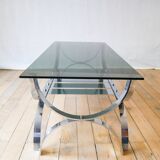 rectangular coffee table in smoked glass and chrome double trays Design 1970