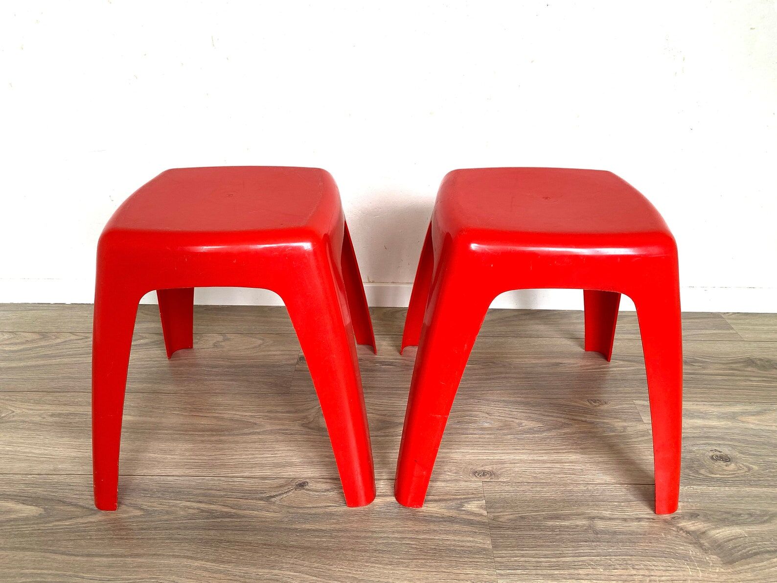 Space age plastic stool, vintage end table, mid century, red plant stand