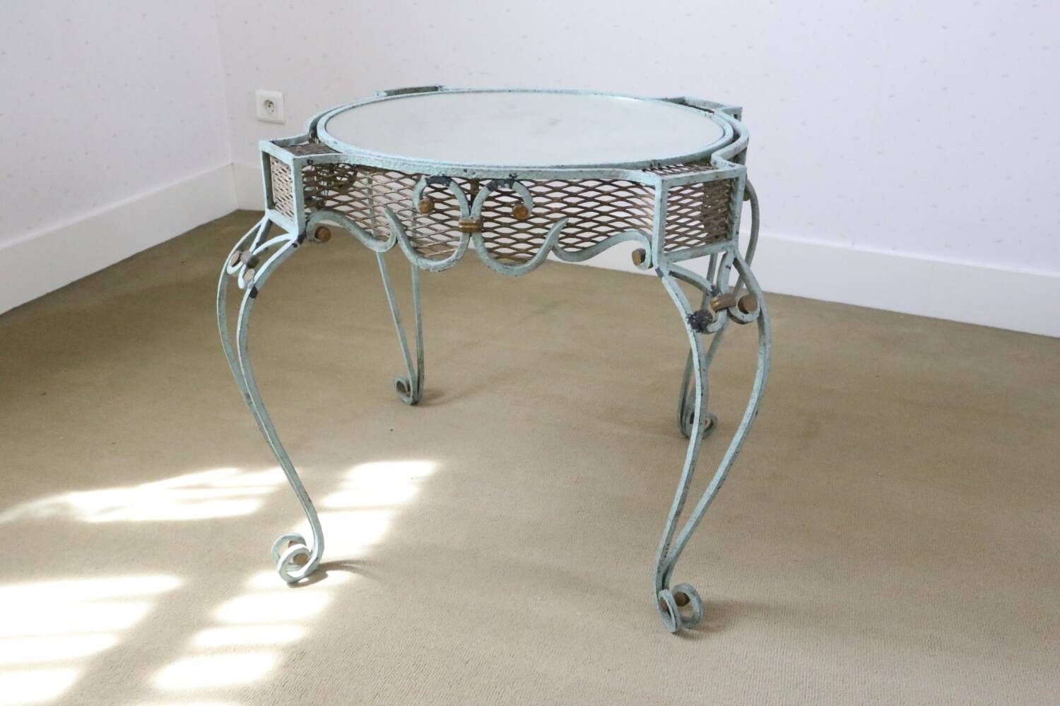 Wrought iron pedestal table mirror top 1930