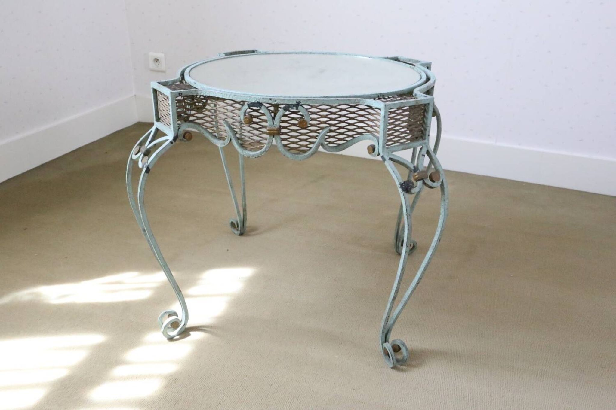 Wrought iron pedestal table mirror top 1930