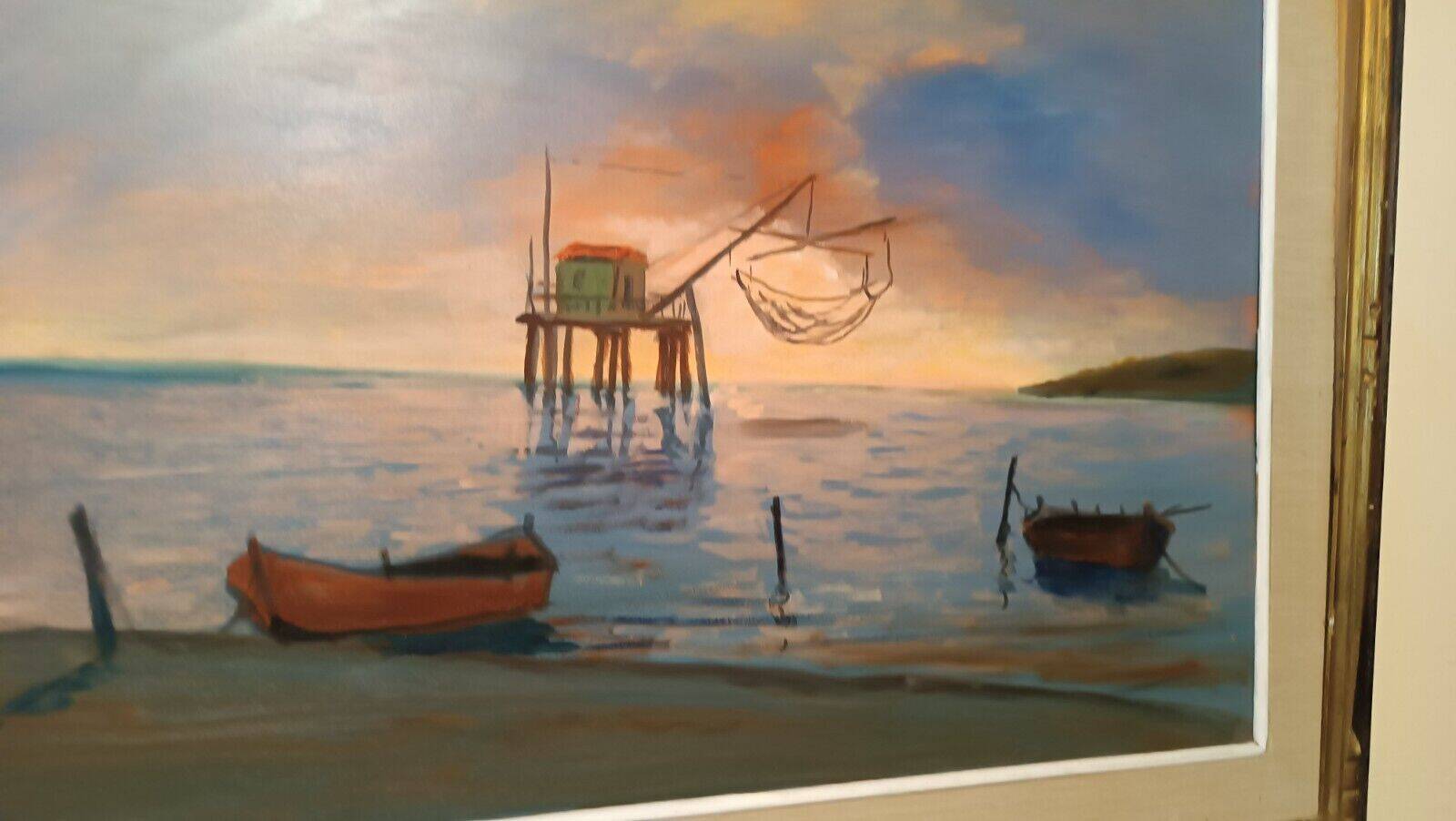 Oil painting on faesite 70s mouth of the Arno Pisa