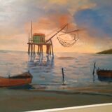 Oil painting on faesite 70s mouth of the Arno Pisa