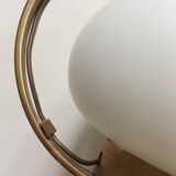 Pair of white tulip and brass pendant lamps