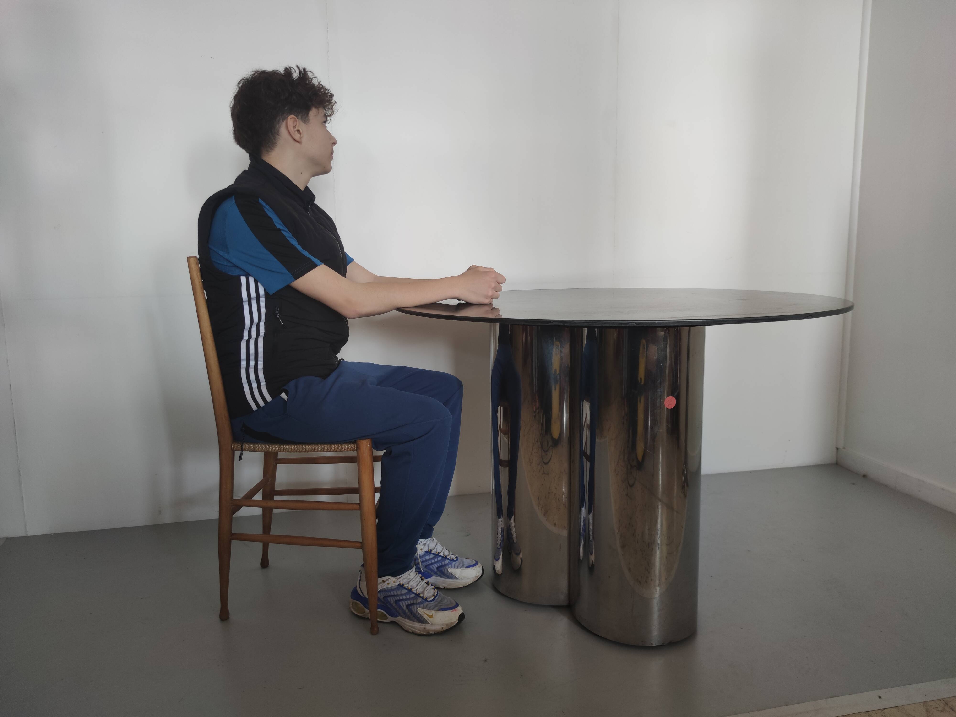Postmodern Steel Dining Table with a Round Green Marble Top, Italy
