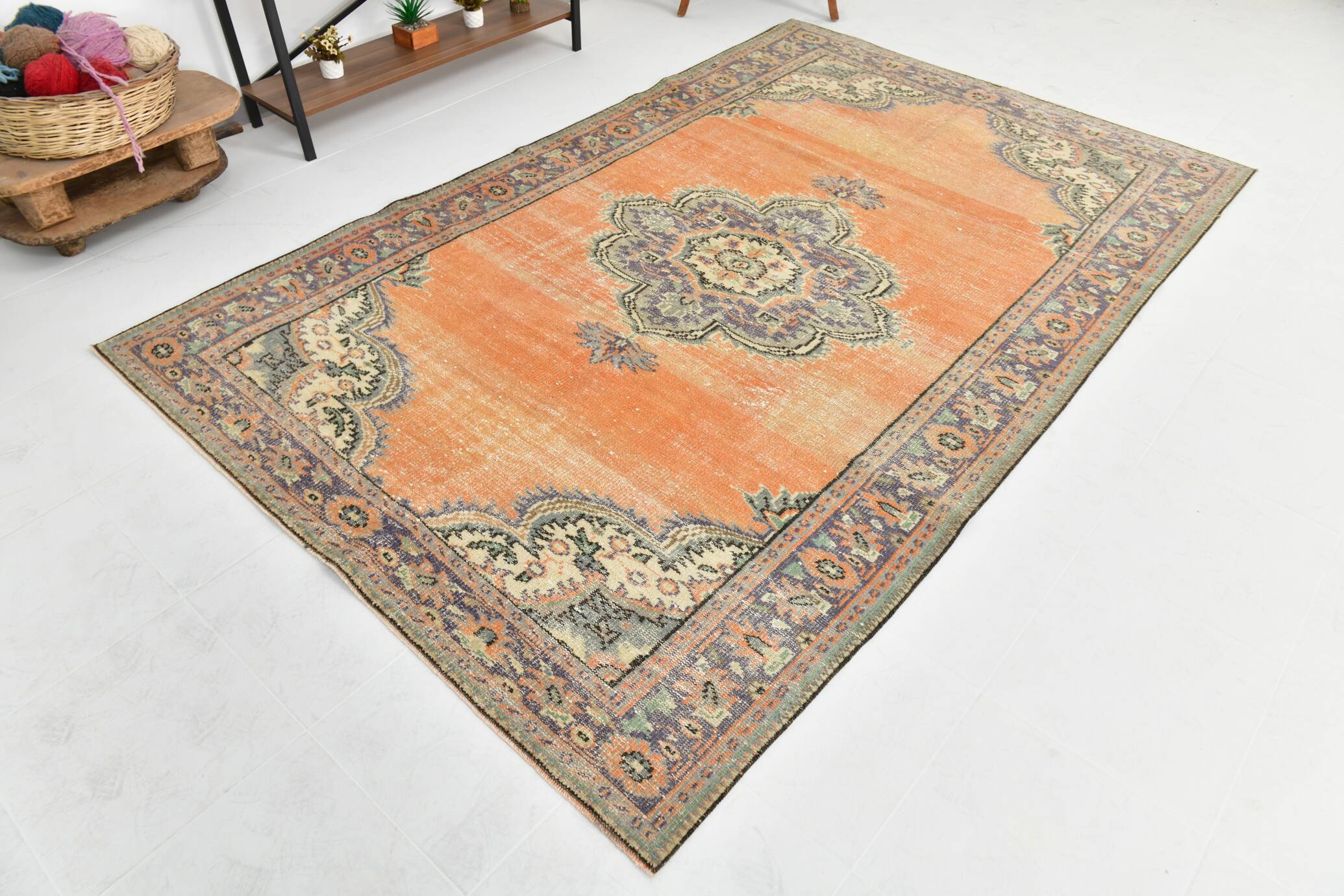 Green & Orange Turkish Vintage Rug, 182x286Cm