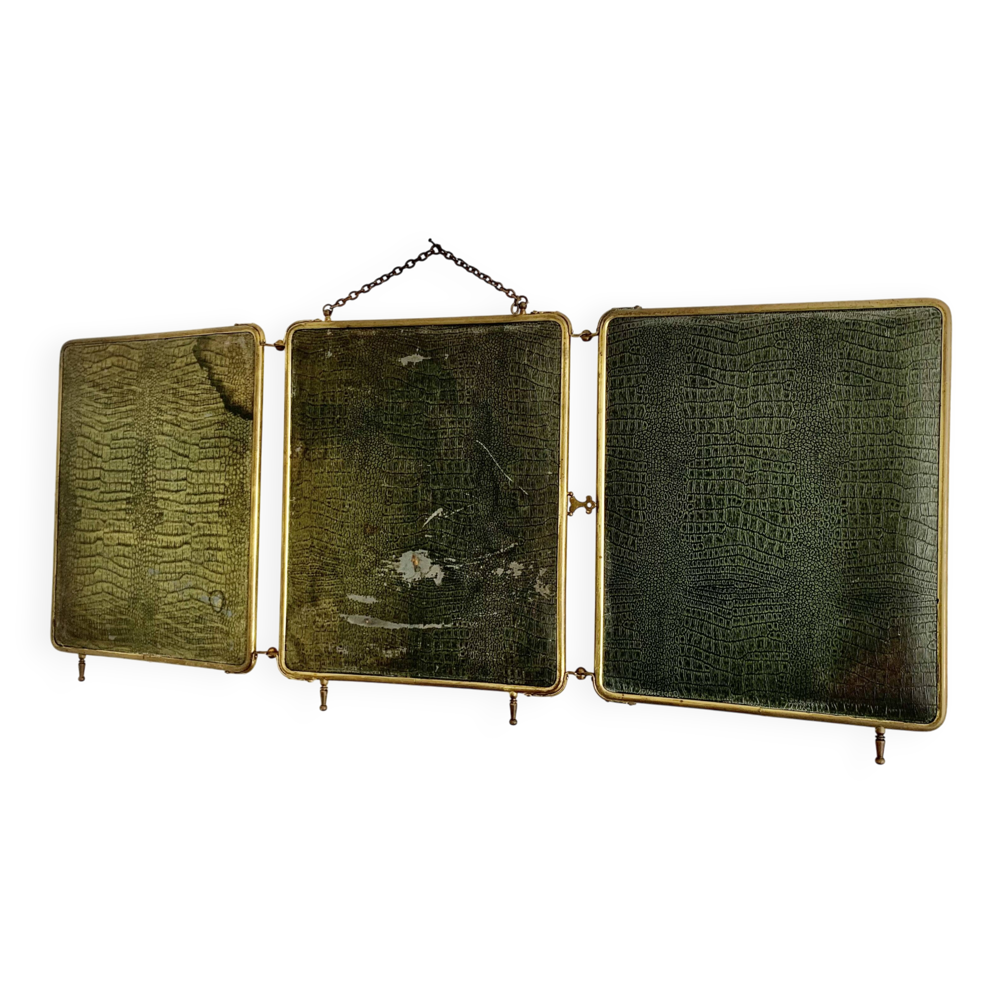 Vintage 1920s triptych barber mirror in gold and green faux crocodile leather - 37 x 87