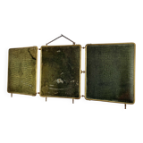 Vintage 1920s triptych barber mirror in gold and green faux crocodile leather - 37 x 87