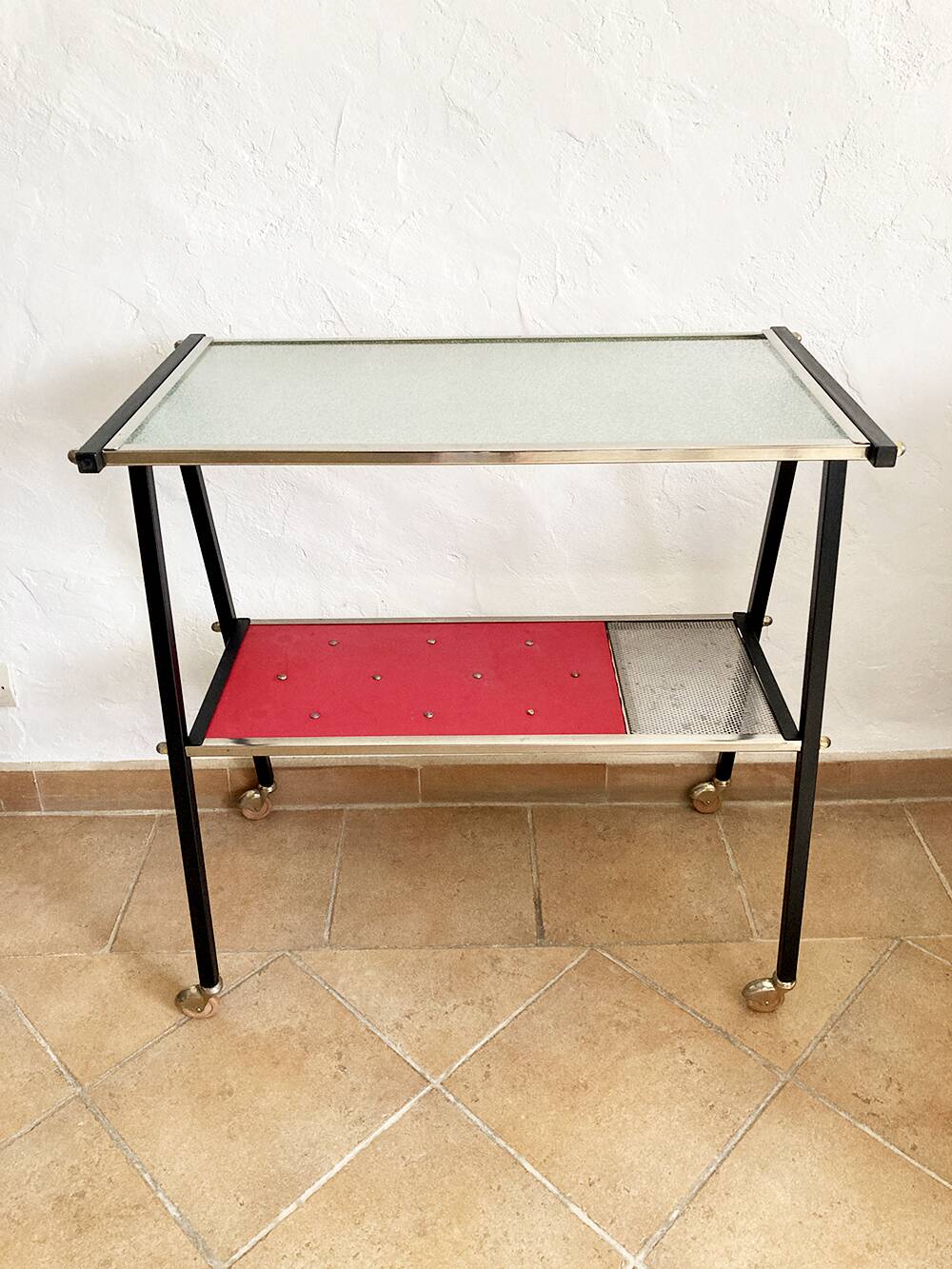 Glass and metal serving trolley, 1960s