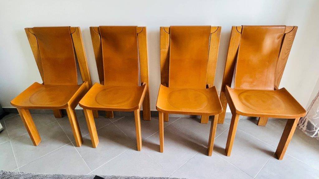 Chaises en orme massif et cuir , Luigi Gorgoni , roche bobois