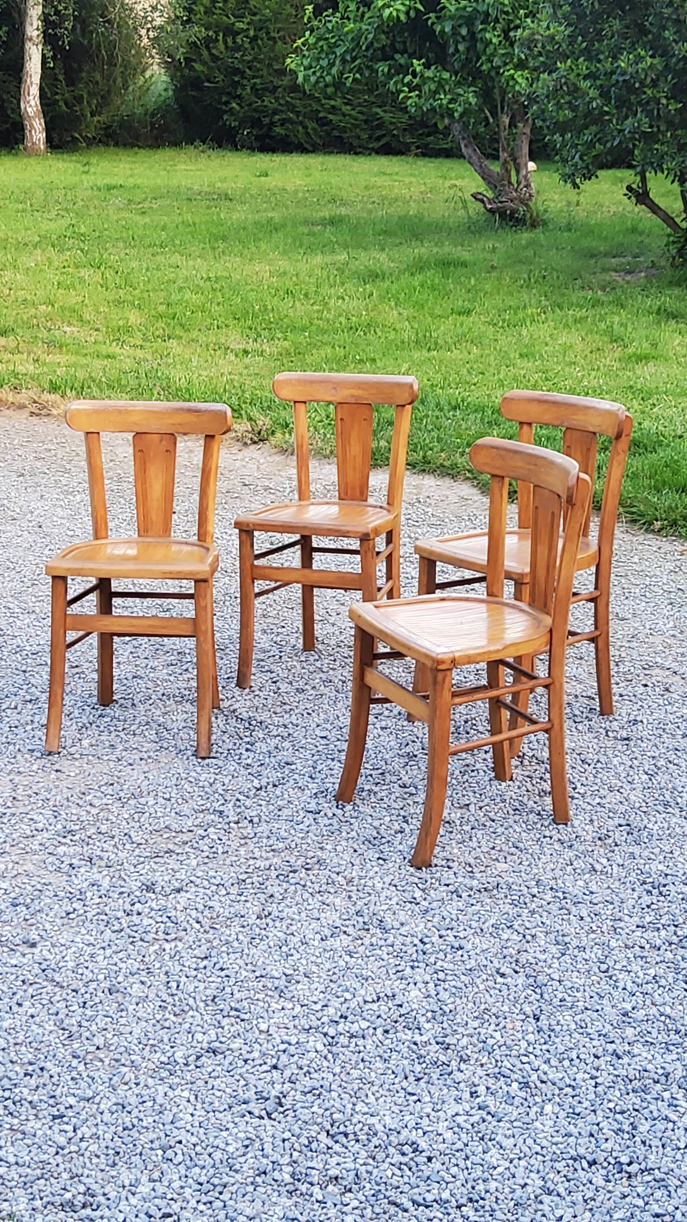 Set of 4 bistro chairs in beech and blond oak from the 50s