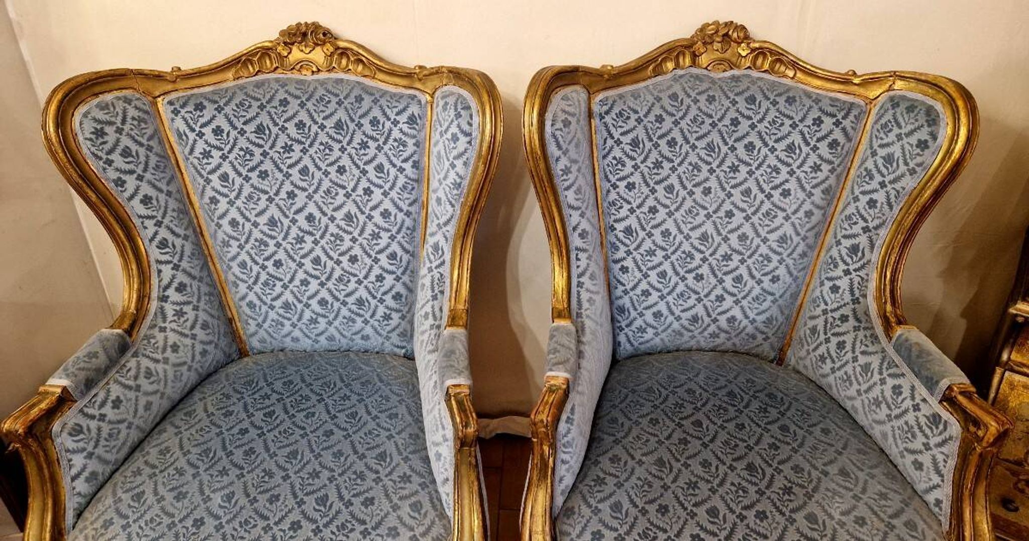 Pair of "Bergère" Armchairs in Gilded Wood in Louis XV Style
