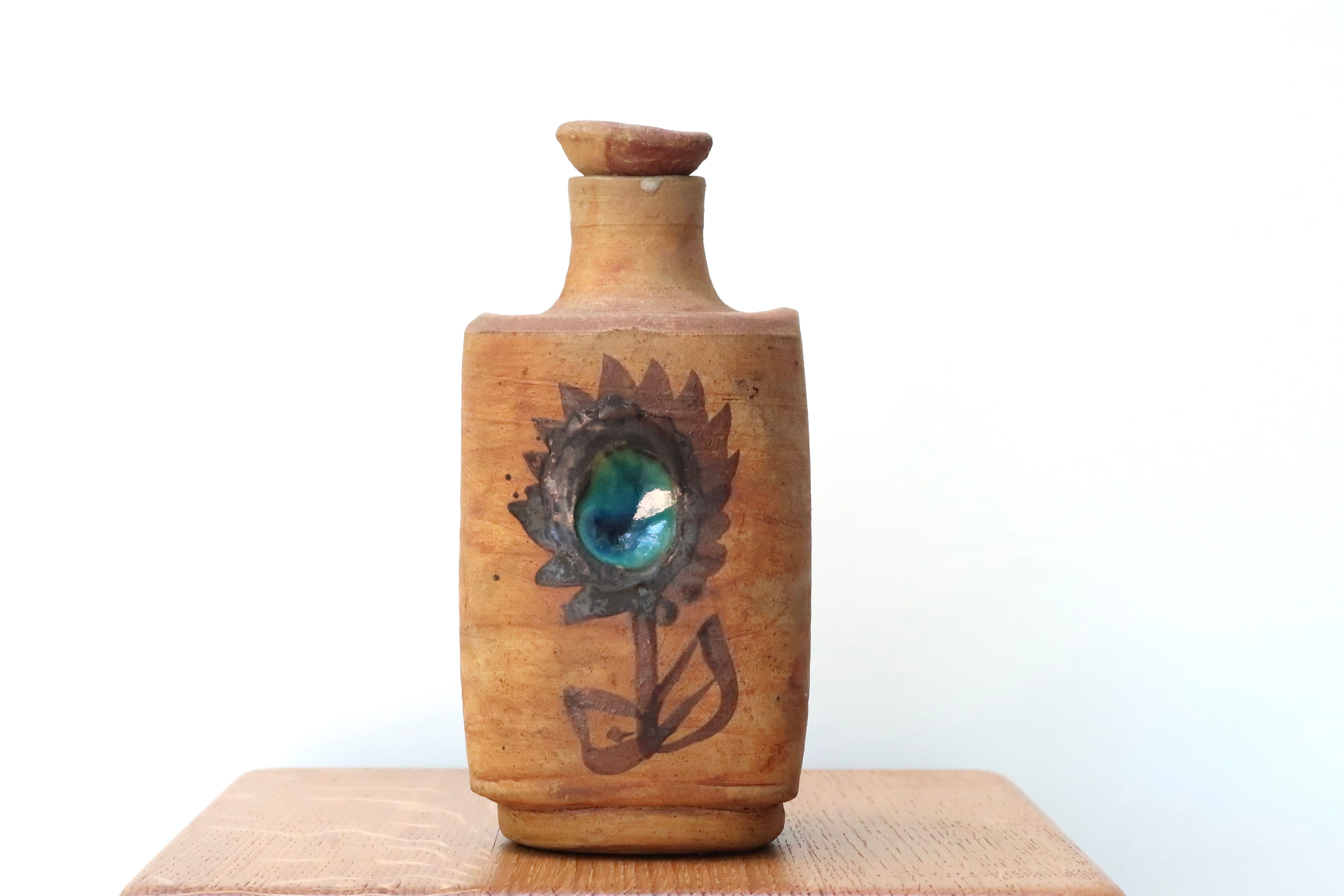 Ceramic bottle from la colombe pottery, floral decoration, 70s