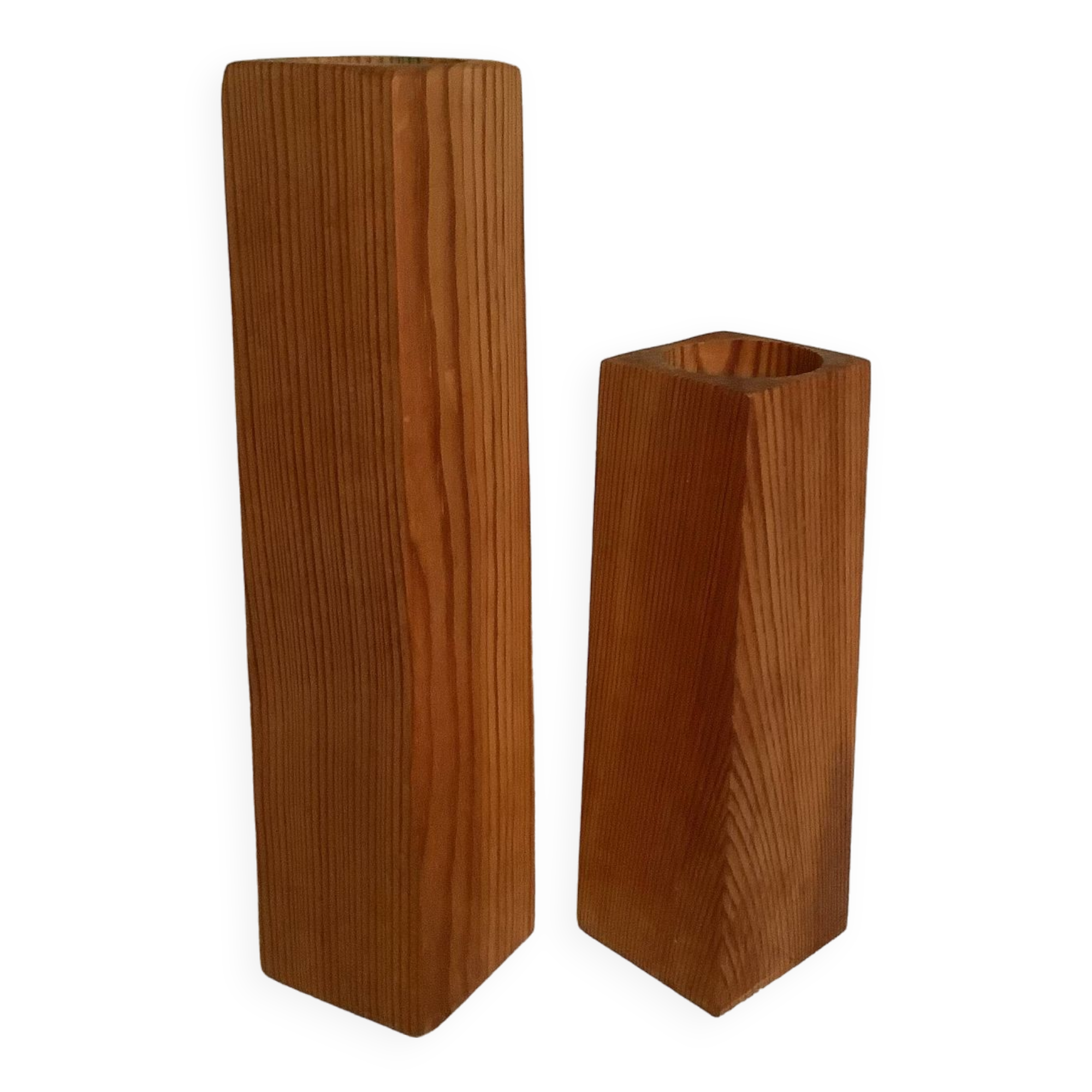 Pair of asymmetrical Scandinavian wooden candlesticks