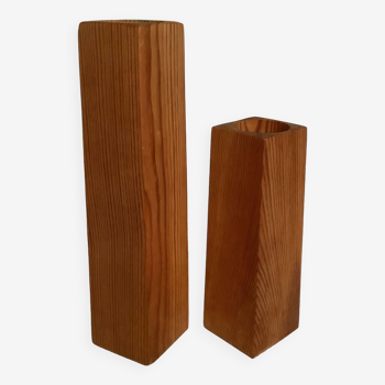 Pair of asymmetrical Scandinavian wooden candlesticks
