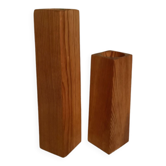 Pair of asymmetrical Scandinavian wooden candlesticks