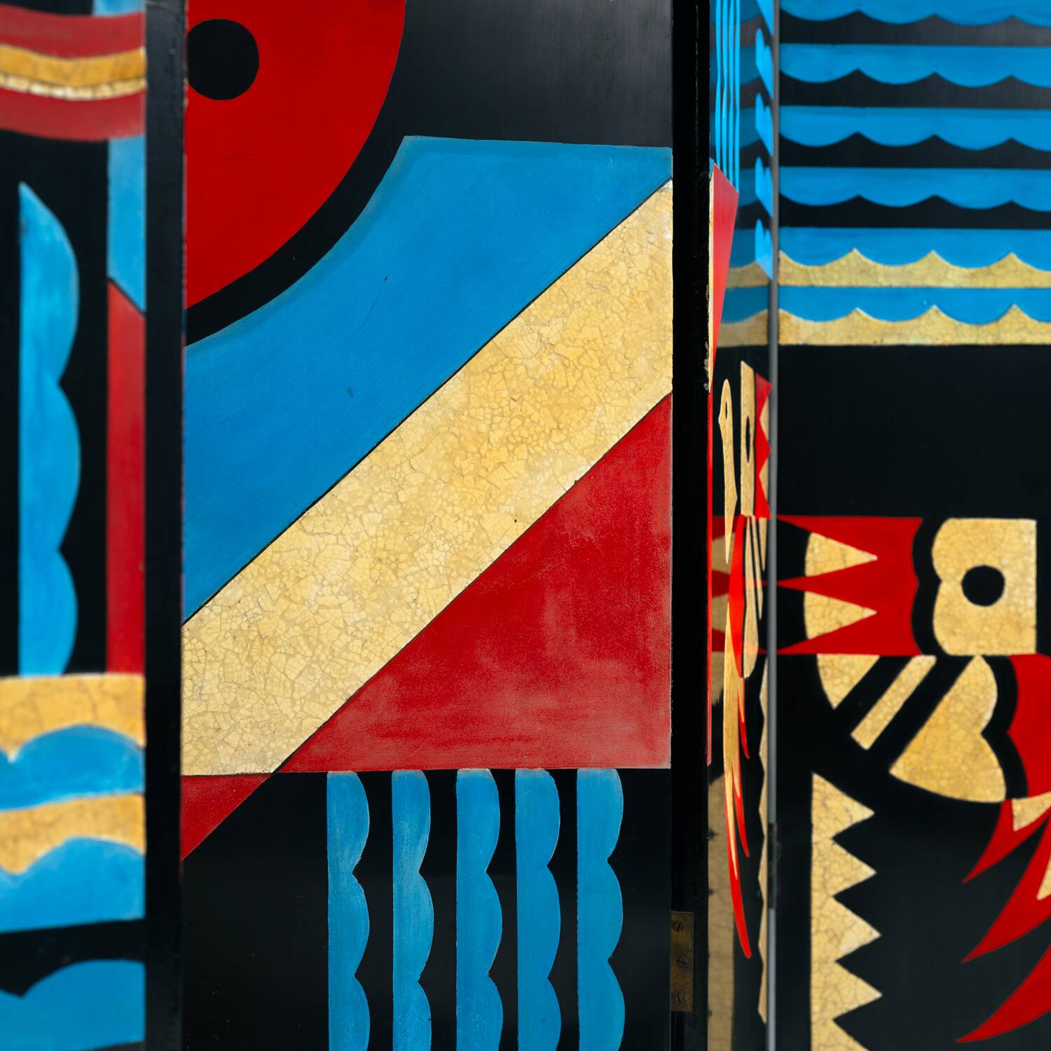 Room divider in art deco style with birds, geometric patterns, red, yellow, blue